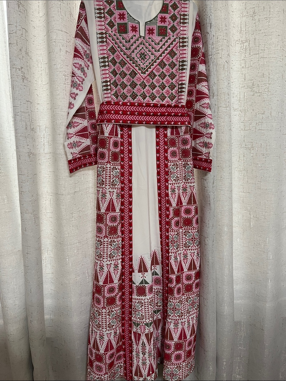 Pink & White Embroidered Maxi Dress with Waist Tie
